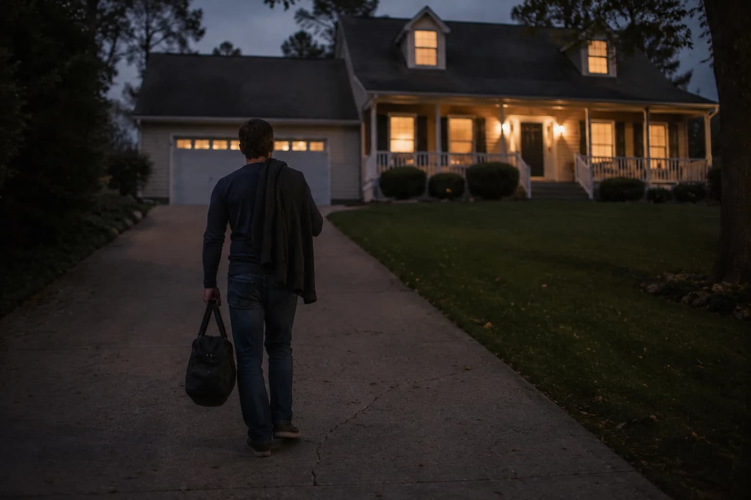 A dad walking home at dusk after putting the heavy stuff down with ReachOut