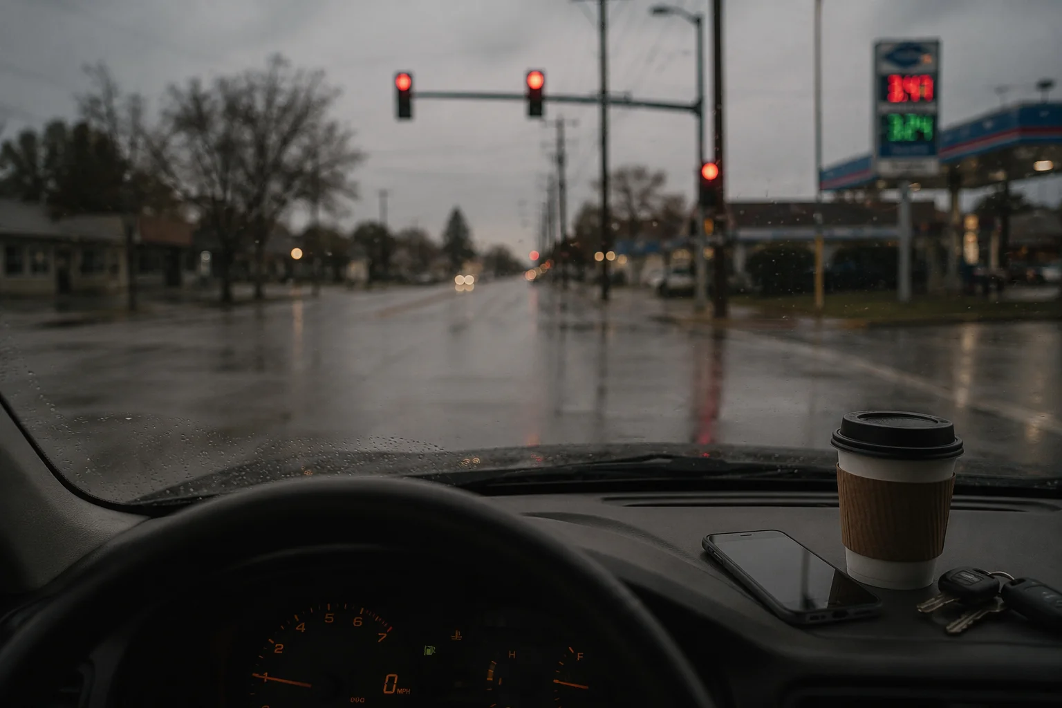 Driver's view through a windshield at a red light — the moment ReachOut was built for