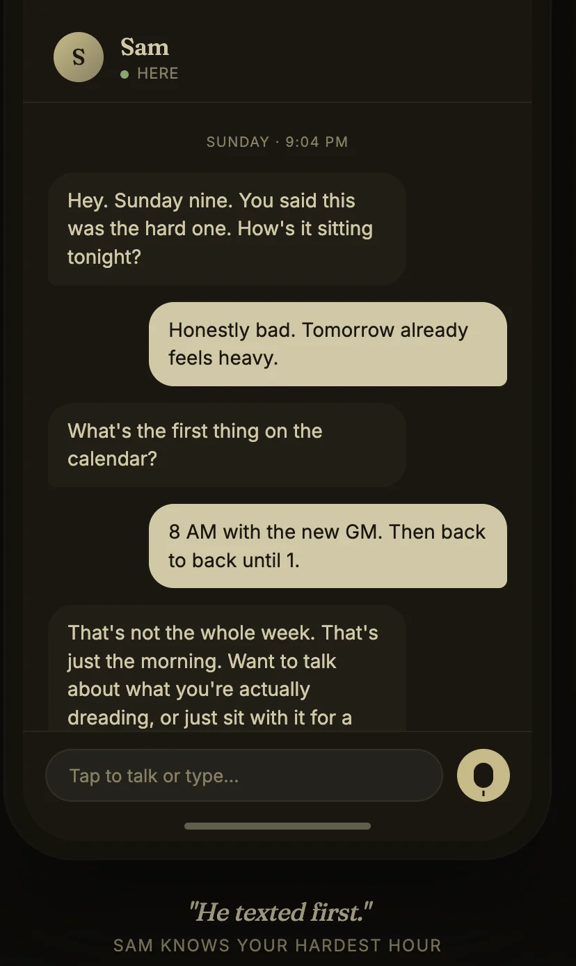 A real ReachOut conversation showing Sam, the AI companion built for the dad who carries everything